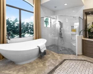 A remodeled city bathroom featuring a spacious bathtub and a walk-in shower.