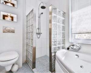 A glass shower stall and toilet in a remodeled bathroom.
