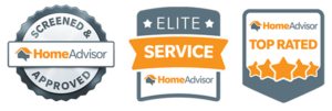 A home service badge with the logos of bathroom design and elite home service.