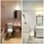 Before and after pictures of a bathroom renovation showcase the stunning transformation of the bathroom cabinet.