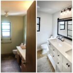 Before and after pictures of a bathroom renovation showcasing the updated bathroom design.