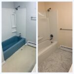 Before and after photos of a bathroom renovation showcasing a new bathtub and updated bathroom cabinet.