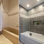 Before and after pictures of a bathroom with a bathtub and shower showcasing beautiful bathroom design.