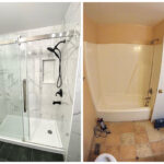 Before and after pictures of a bathroom renovation featuring a new shower and bathroom countertop.
