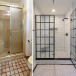 A bathroom with a glass shower door and a tiled floor, ideal for a bathroom remodel.