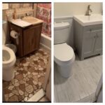 Before and after pictures of a bathroom with a new sink and toilet.