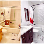 Before and after pictures of a bathroom remodel showcasing a bathtub renovation.