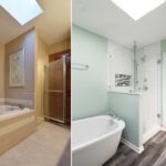 Two pictures of a bathroom with a skylight, perfect for a bathroom design project. Featuring a bathtub to relax in after a long day.