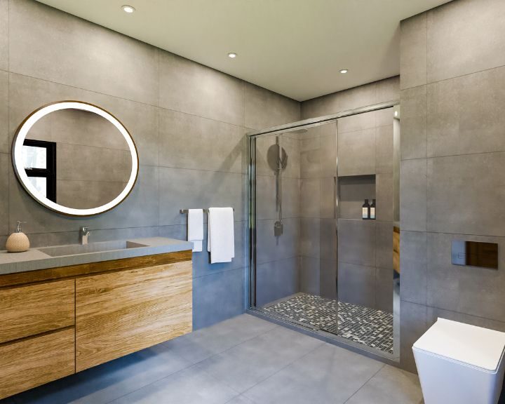 A modern bathroom design ideas with grey walls and wooden floors in a renovated home.
