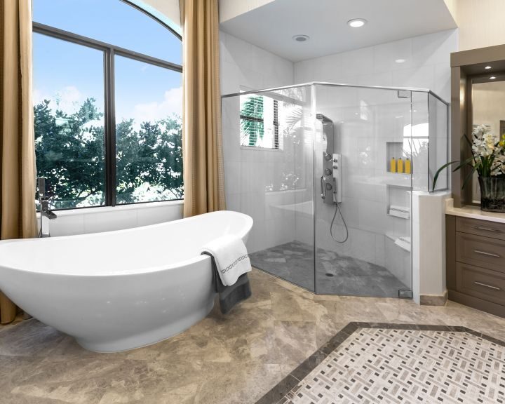 A bathroom with a large shower and bathtub.